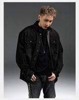 Washed Distressed Patchwork Denim Shirt Jacket