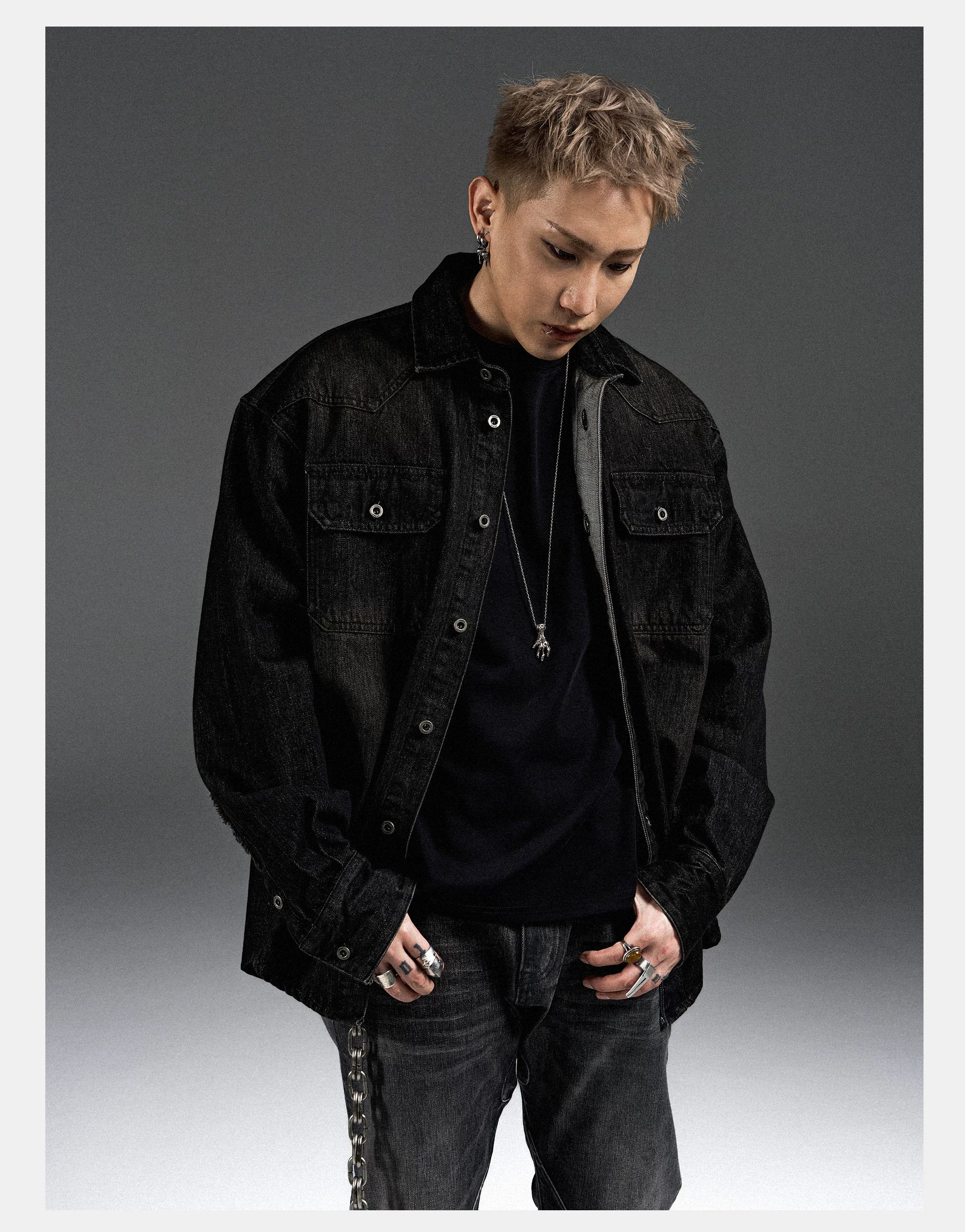 Washed Distressed Patchwork Denim Shirt Jacket