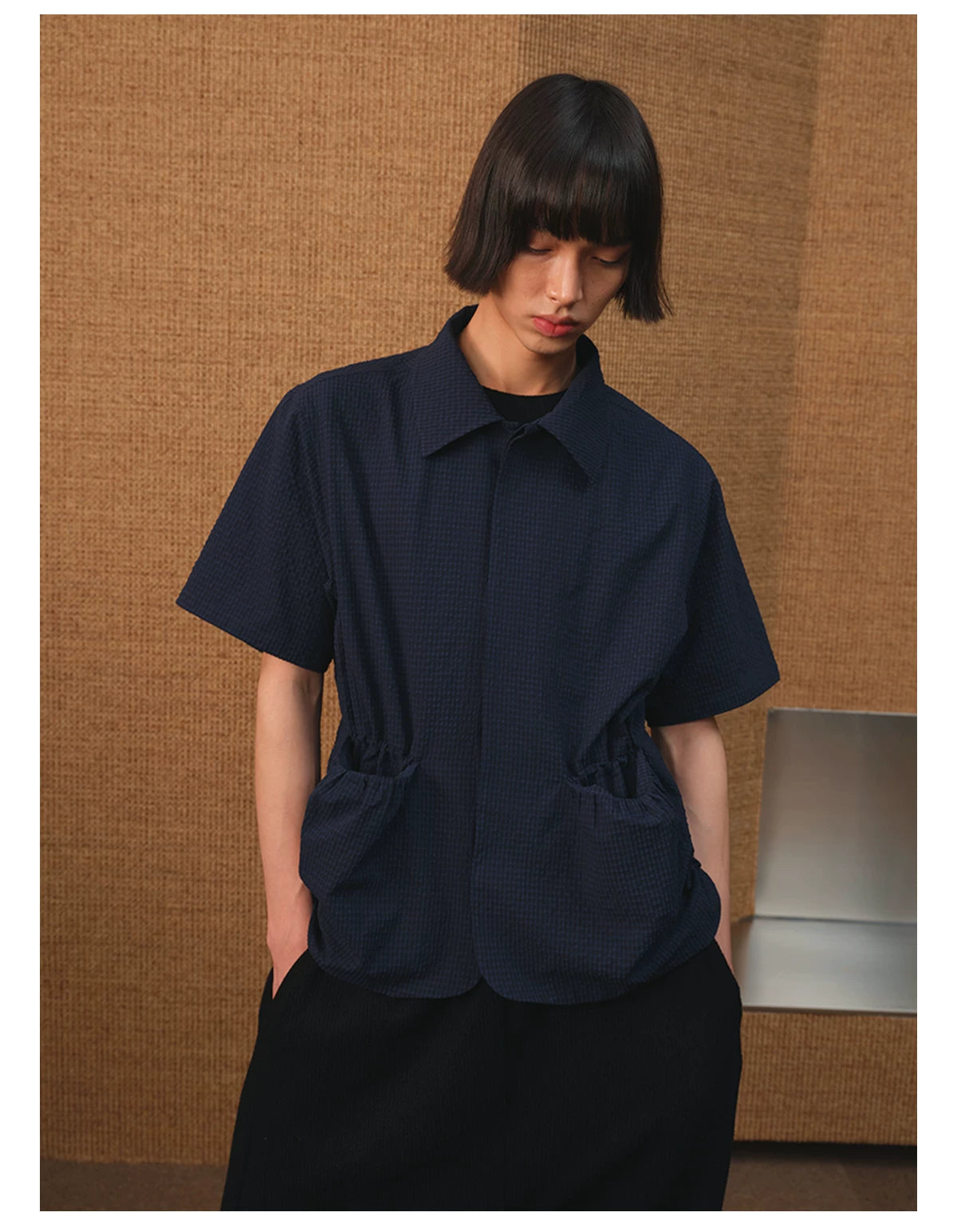 Short Sleeve Bubble Pleat Drawstring Shirt