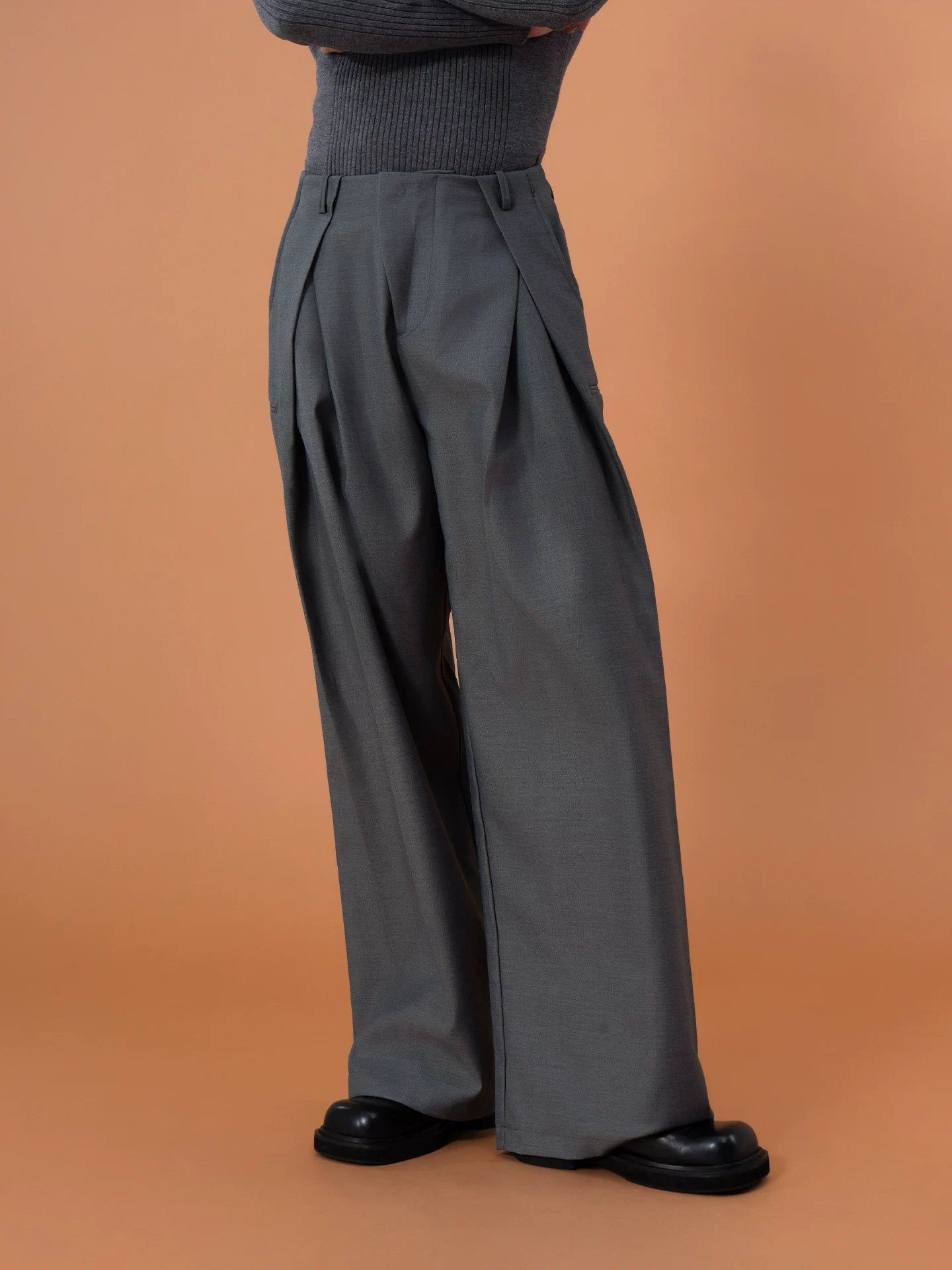 Charcoal Pleated Wide Leg Casual Pants