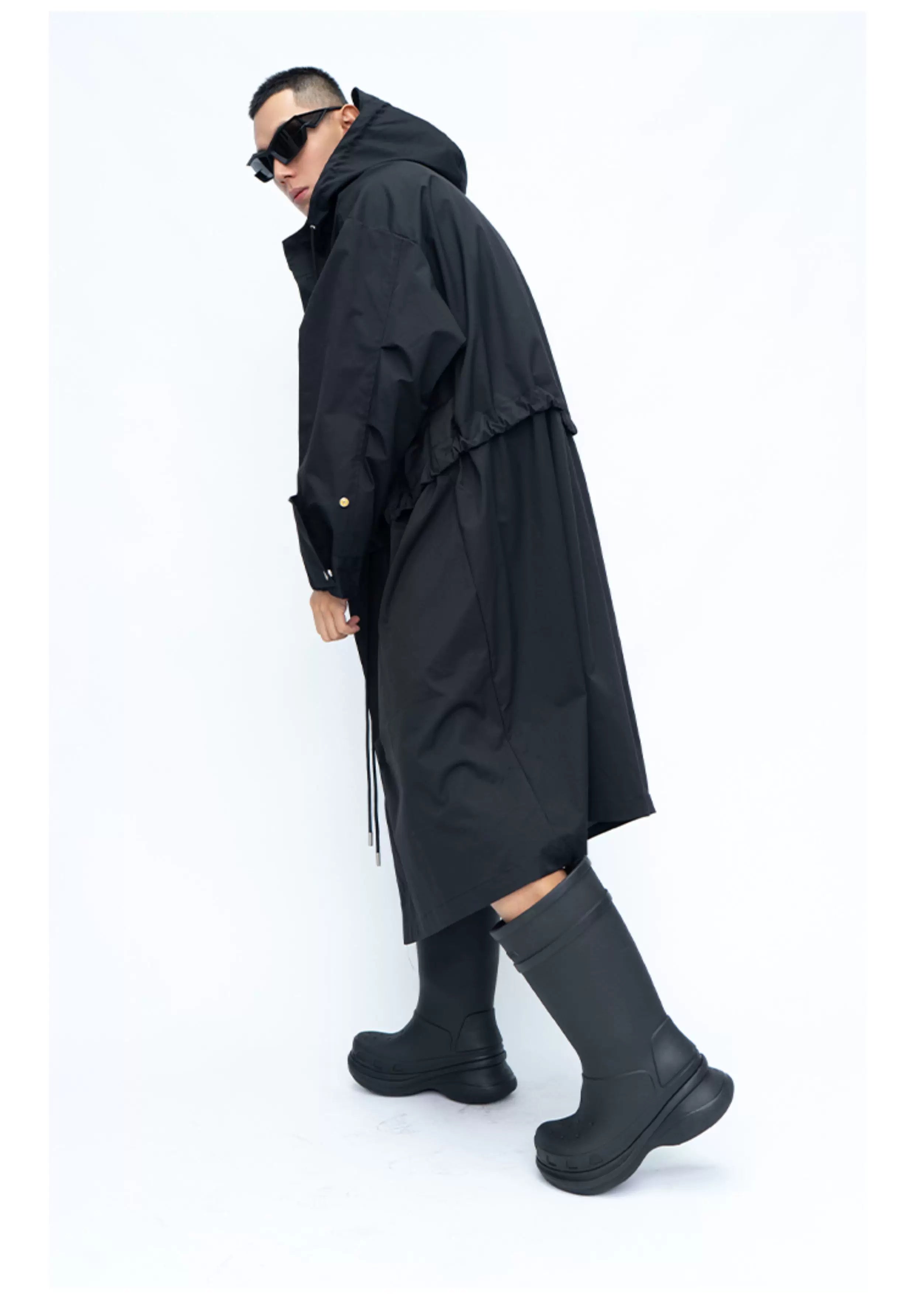 Hooded Long Water-resistant Waist-cinched Trench Coat
