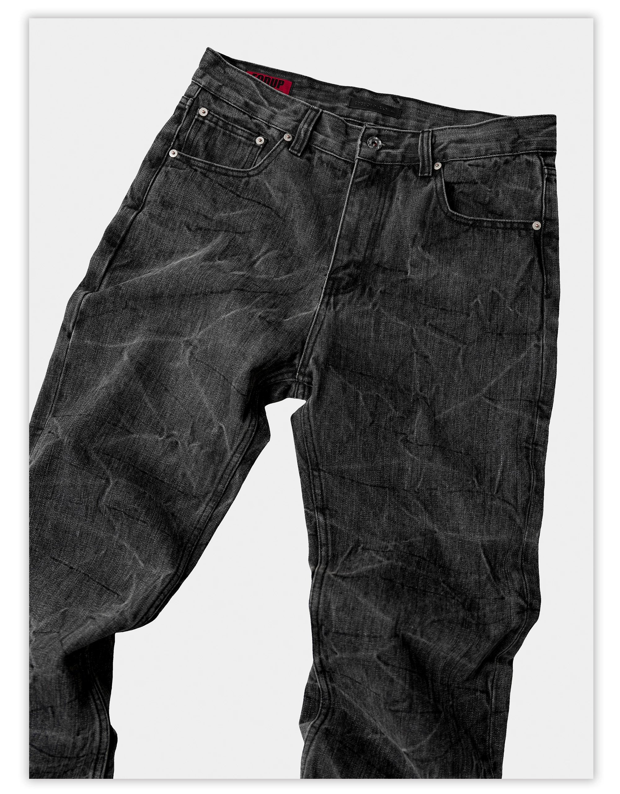 Distressed Washed Black Slub Straight Jeans