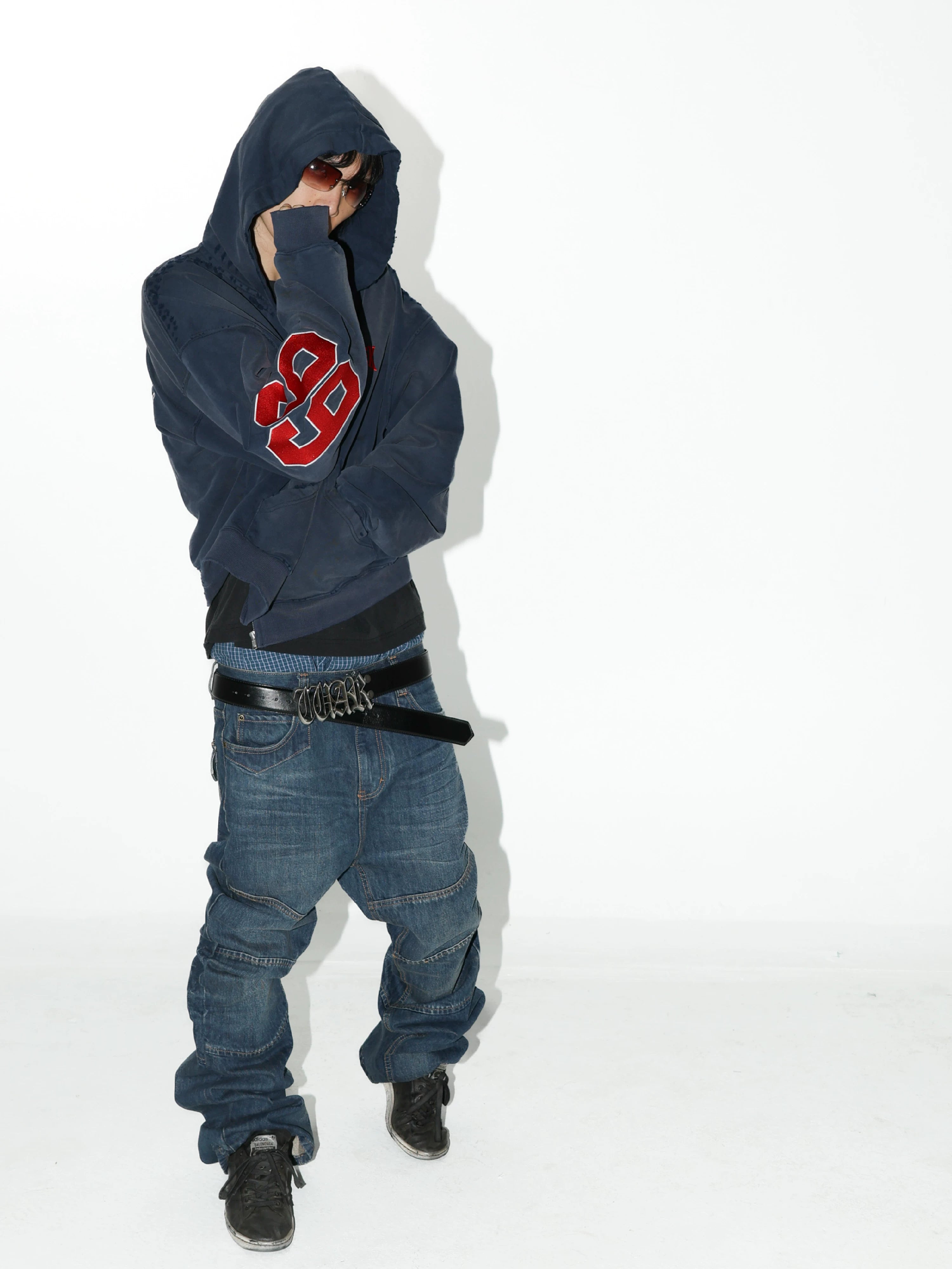 Navy Washed Embroidered Cropped Zip-Up Hoodie