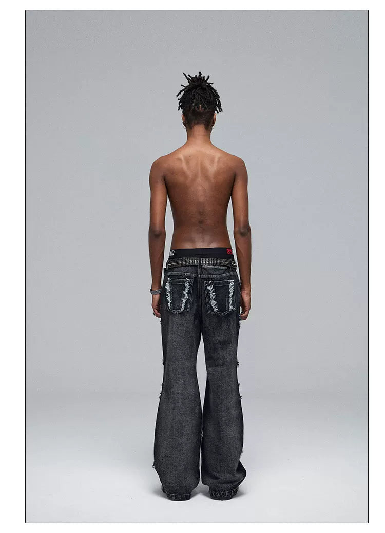 Fringed Ripped Washed Straight Jeans