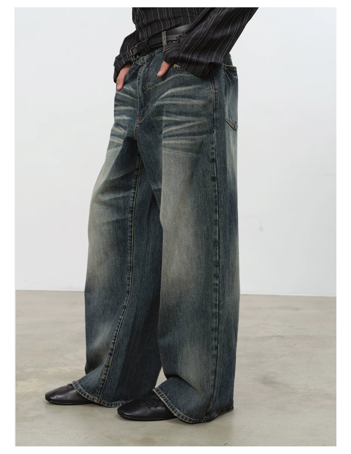 Blue Gray Washed Straight Loose Jeans