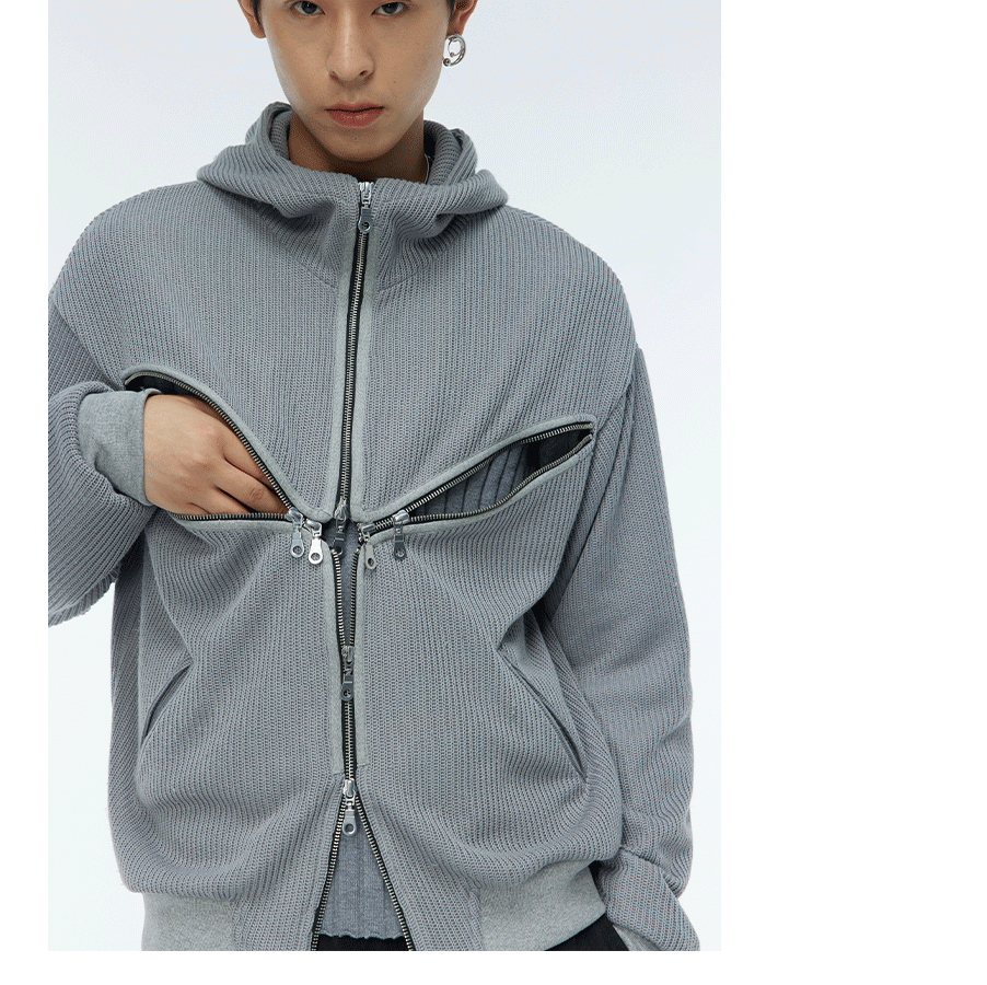 Two-Tone Cross Zip Hooded Turtleneck Cardigan