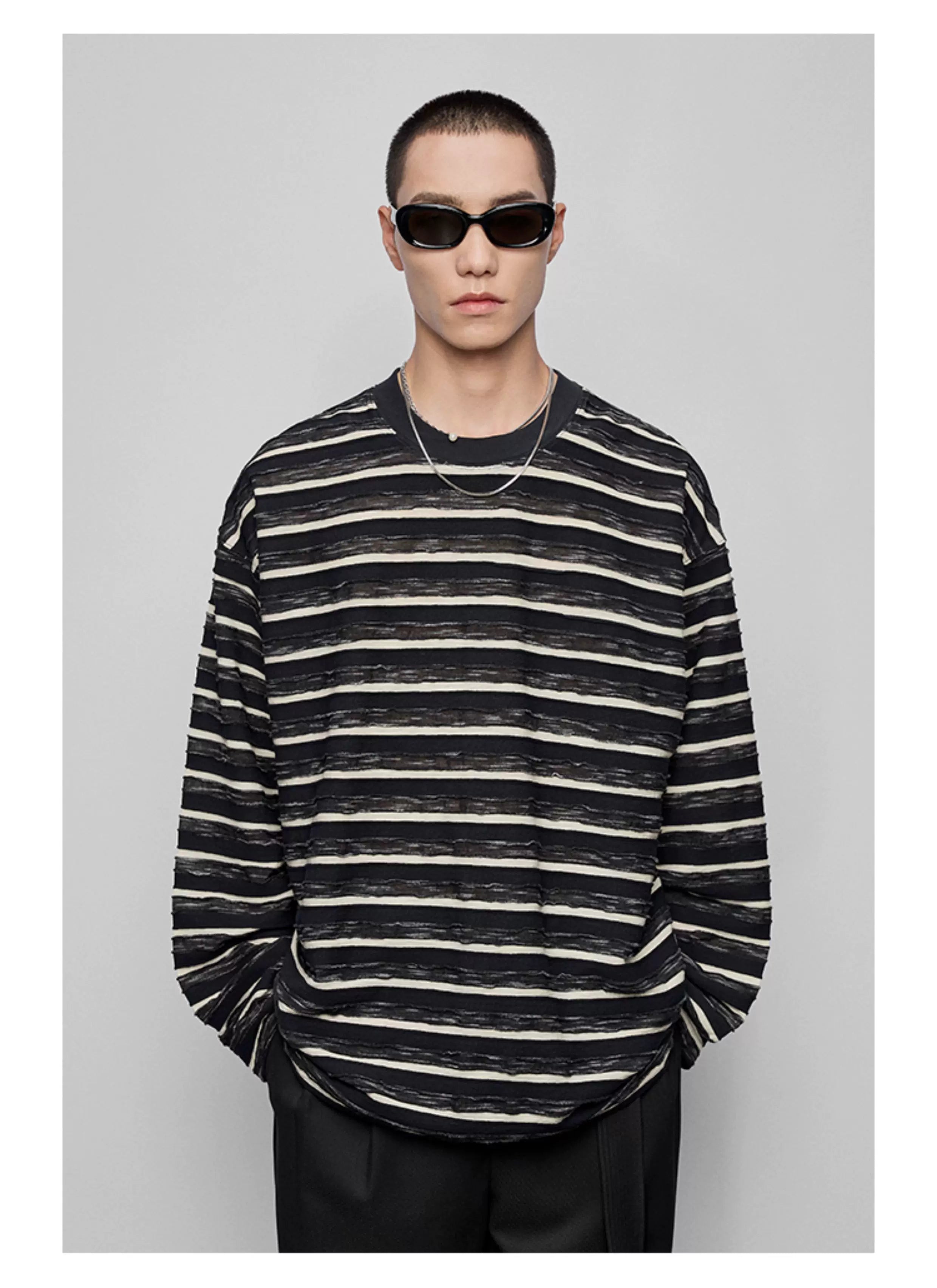 Striped Raw Edge Long Sleeve Tee