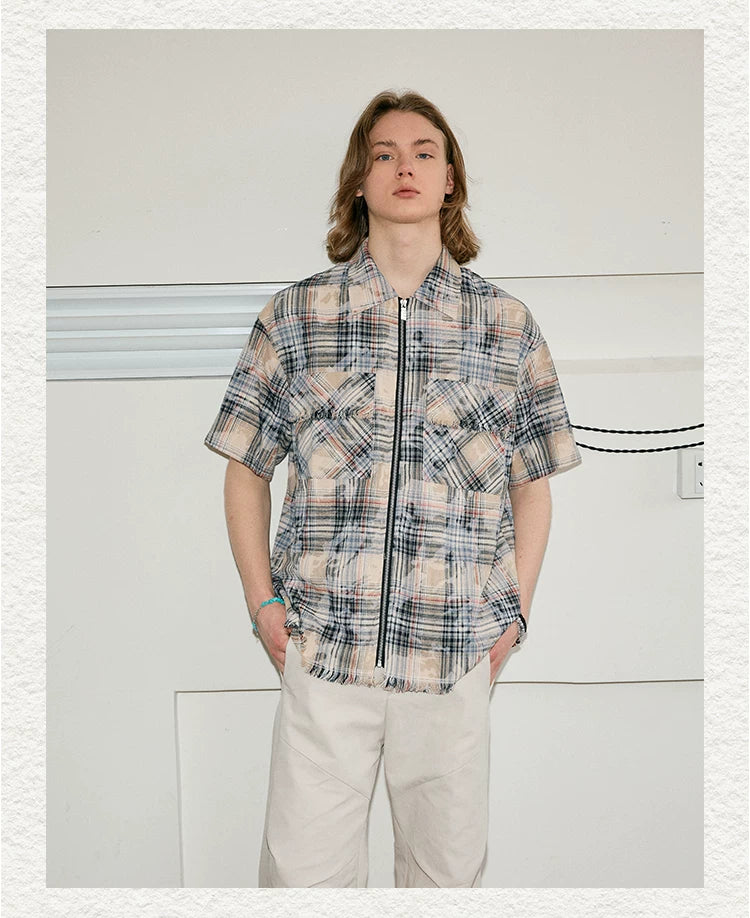 Men's Frayed Plaid Zip Short-sleeved Shirt