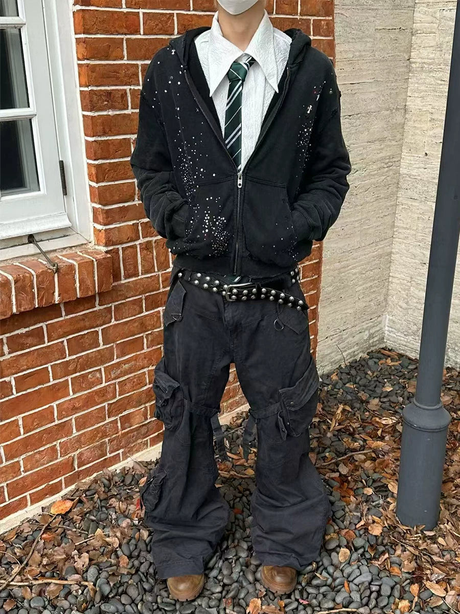 Distressed Rhinestone Zip Hoodie