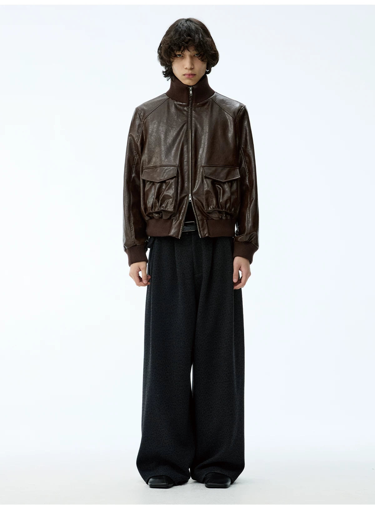 Cropped Double Zipper Waxed Leather Jacket
