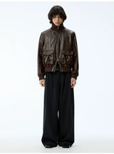 Cropped Double Zipper Waxed Leather Jacket
