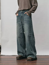 Distressed Whiskered Straight Leg Jeans