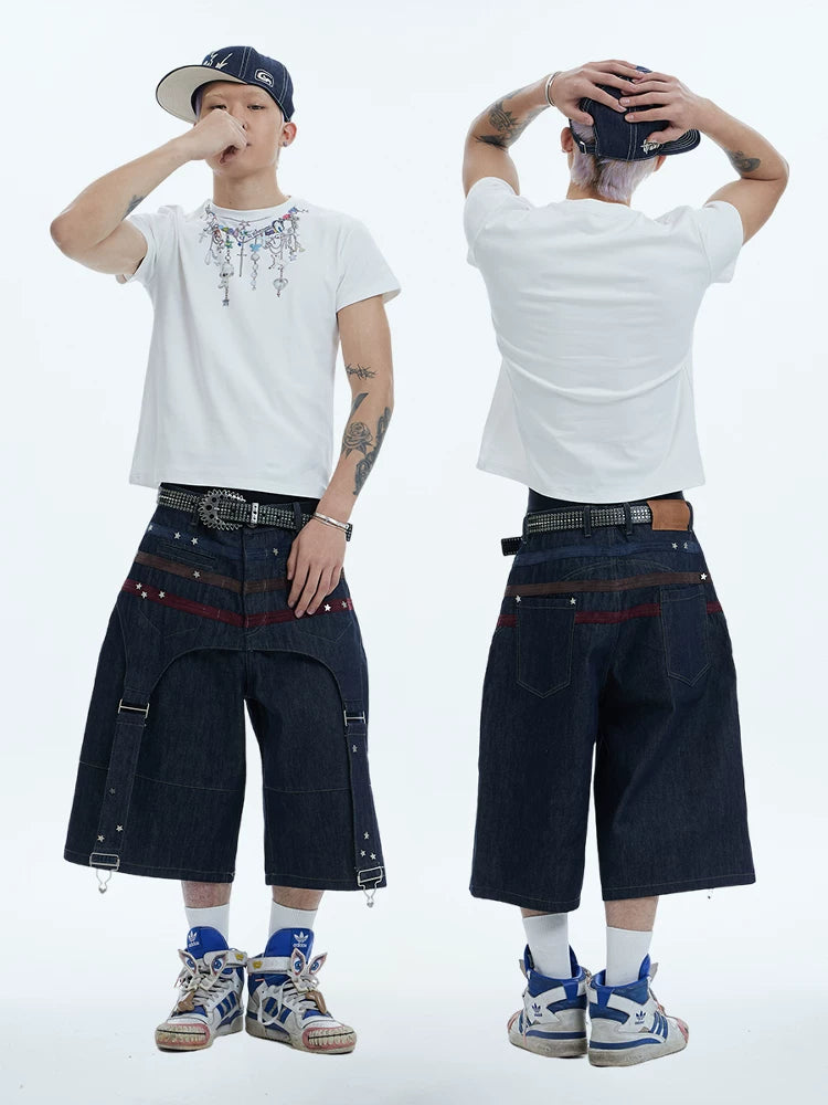 Star Suede Patchwork Cropped Denim Shorts