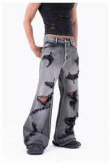 Men's Ripped Baggy Straight Charcoal Jeans