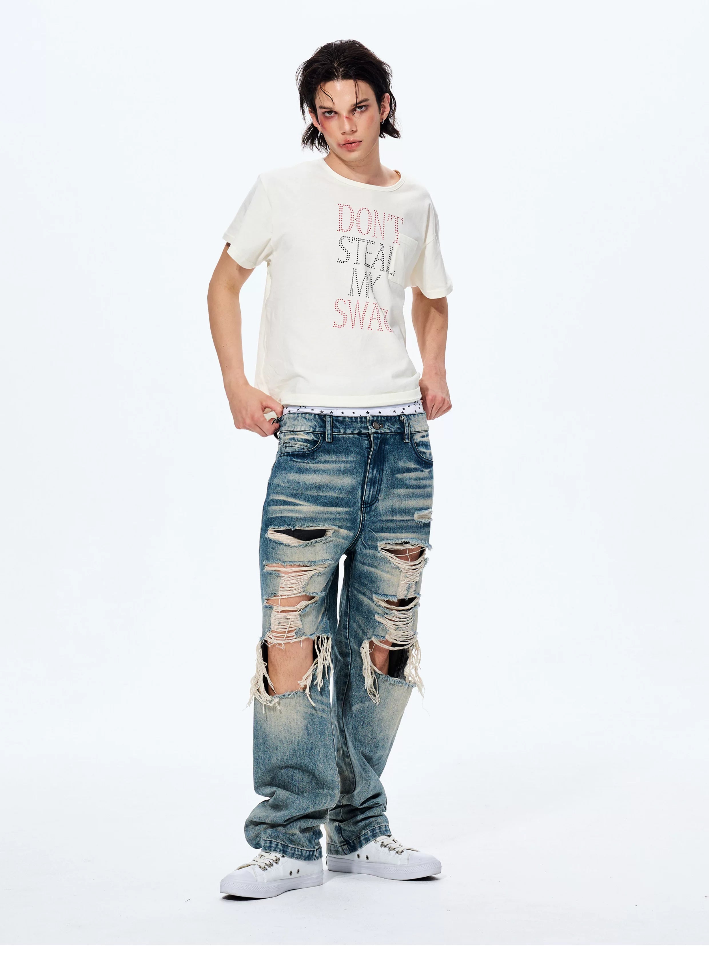 Men's Distressed Washed Straight Leg Jeans
