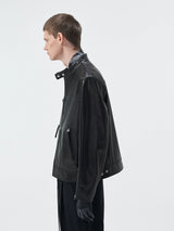 Short Stand Collar Cowhide Leather Jacket