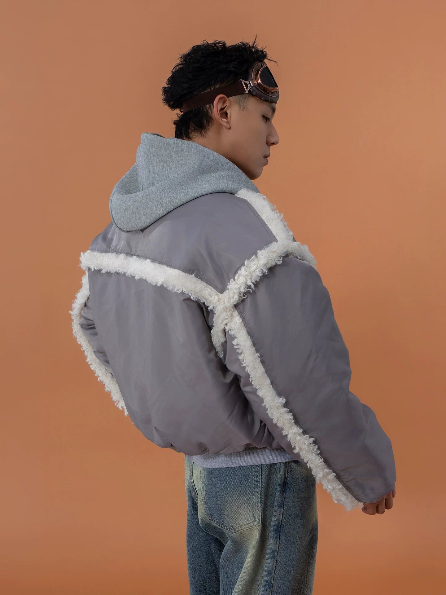 Gray 2-in-1 Hooded Sherpa Bomber Jacket