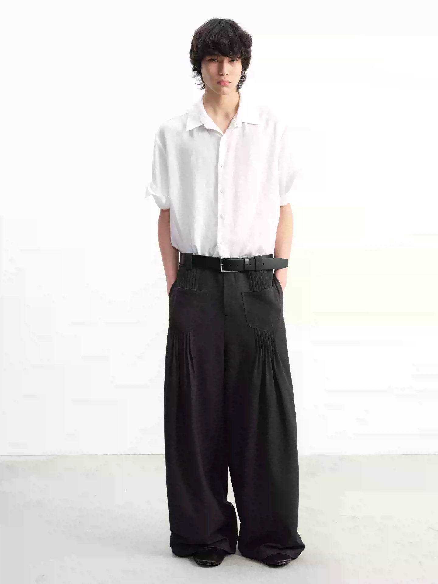 Pleated Twill Wide Leg Casual Pants
