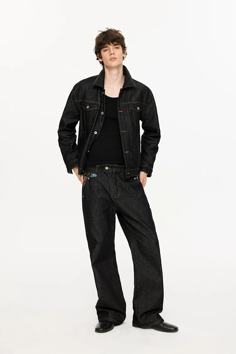 Washed Color-Blocked Floral Jacquard Flare Jeans