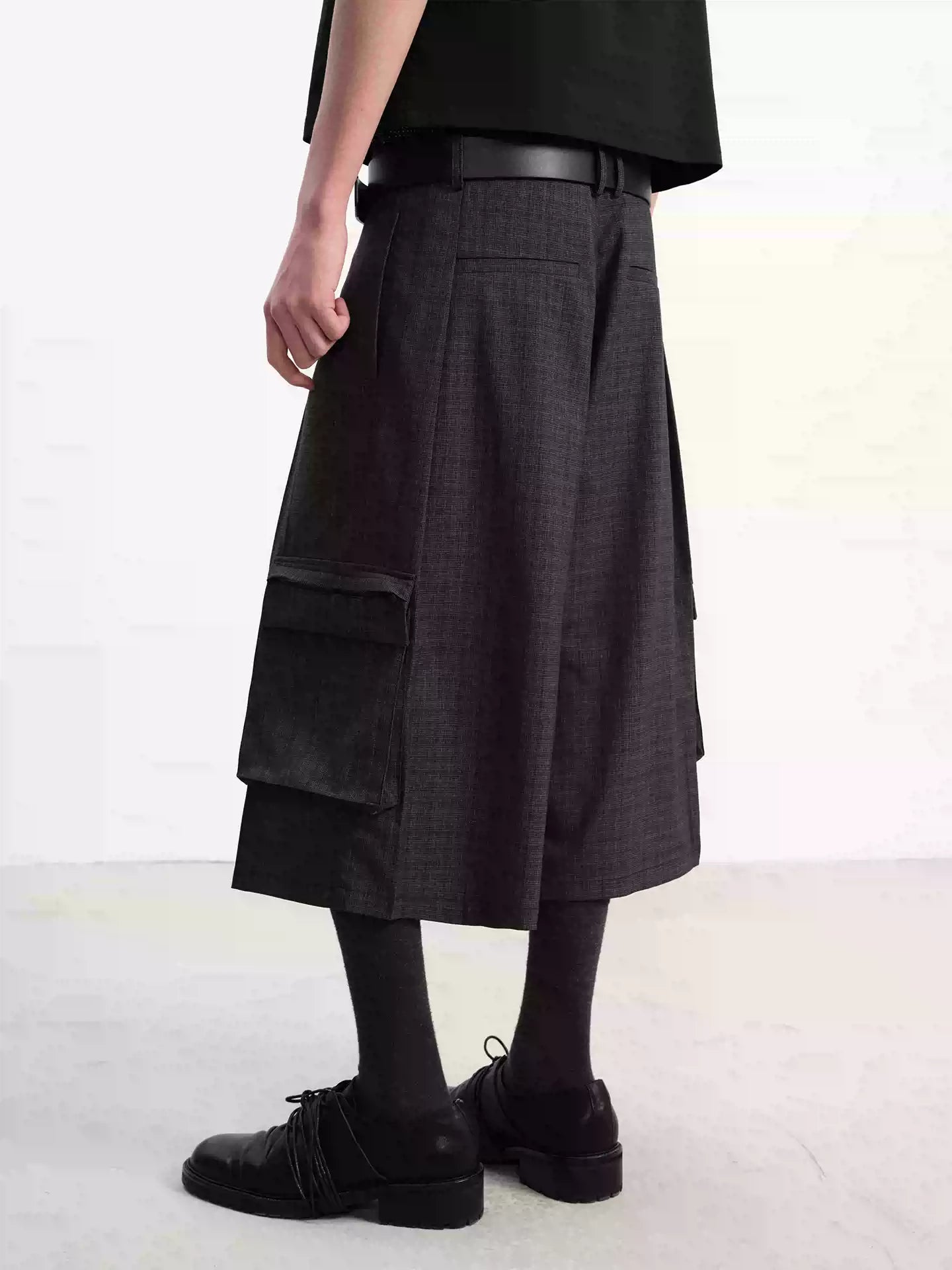 Straight Plaid Pleated Cargo Shorts