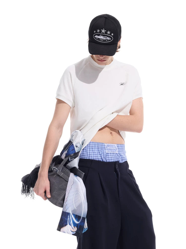White Waffle Print Raglan Boxy Tee