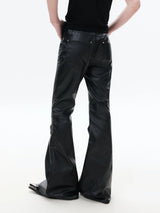 Black Zipped Coated Flared Leather Pants