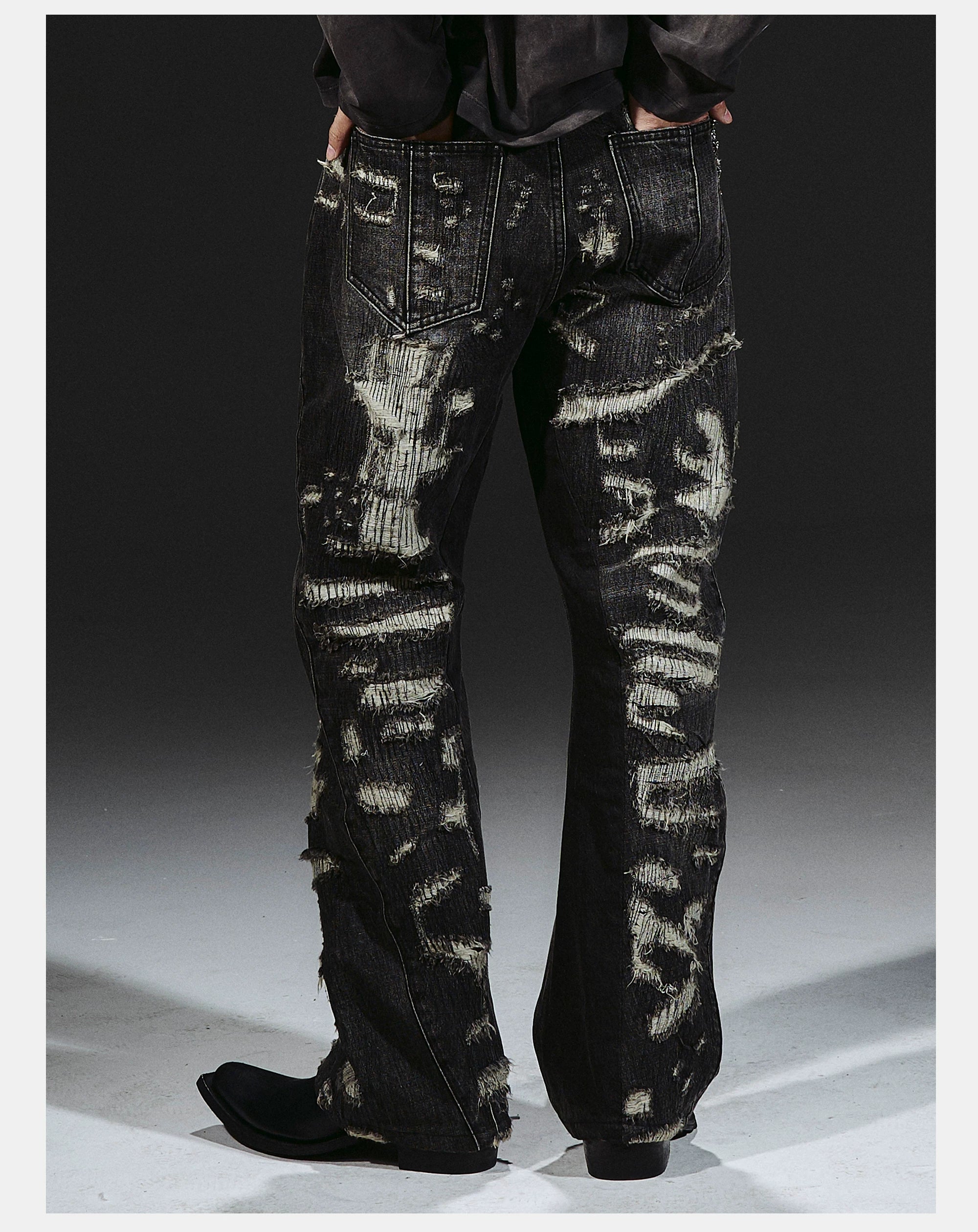 Heavyweight Distressed Embroidered Patchwork Flared Jeans