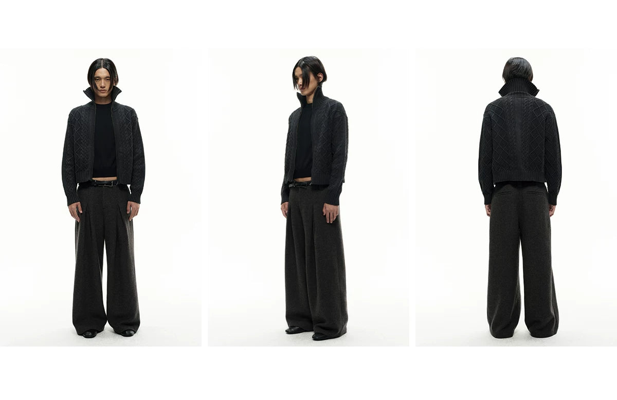 Pleated Wide Leg Wool Blend Pants