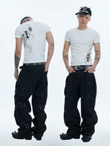 Asymmetric Pleated Studded Raw Denim Jeans