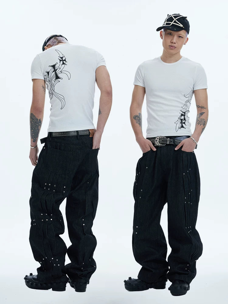 Asymmetric Pleated Studded Raw Denim Jeans