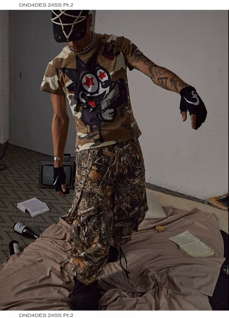 Detachable Bow Wide Leg Camo Pants