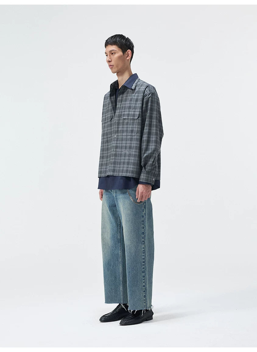 Short Color Block Plaid Cargo Shirt