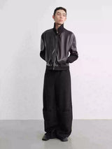 Black Ribbed Cuff Faux Leather Jacket