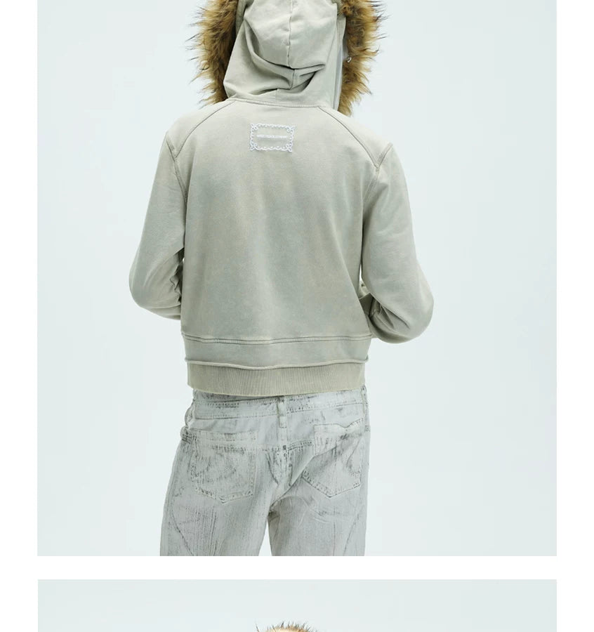 Washed Detachable Fur Zip Hoodie