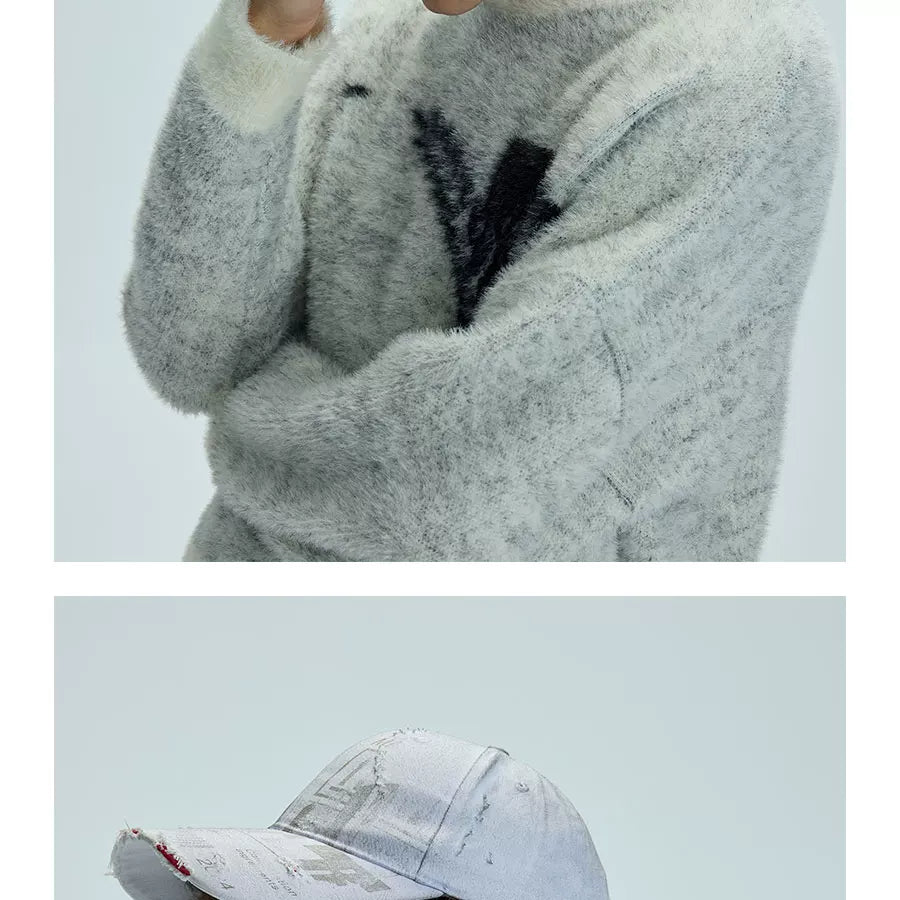 White Distressed Printed Long Brim Cap