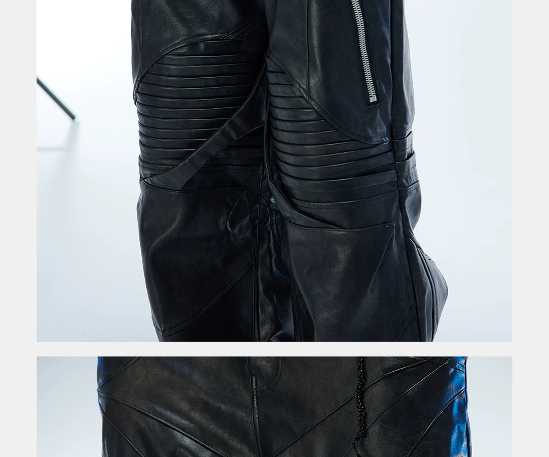 Men's Two-Tone Distressed Straight Leather Pants