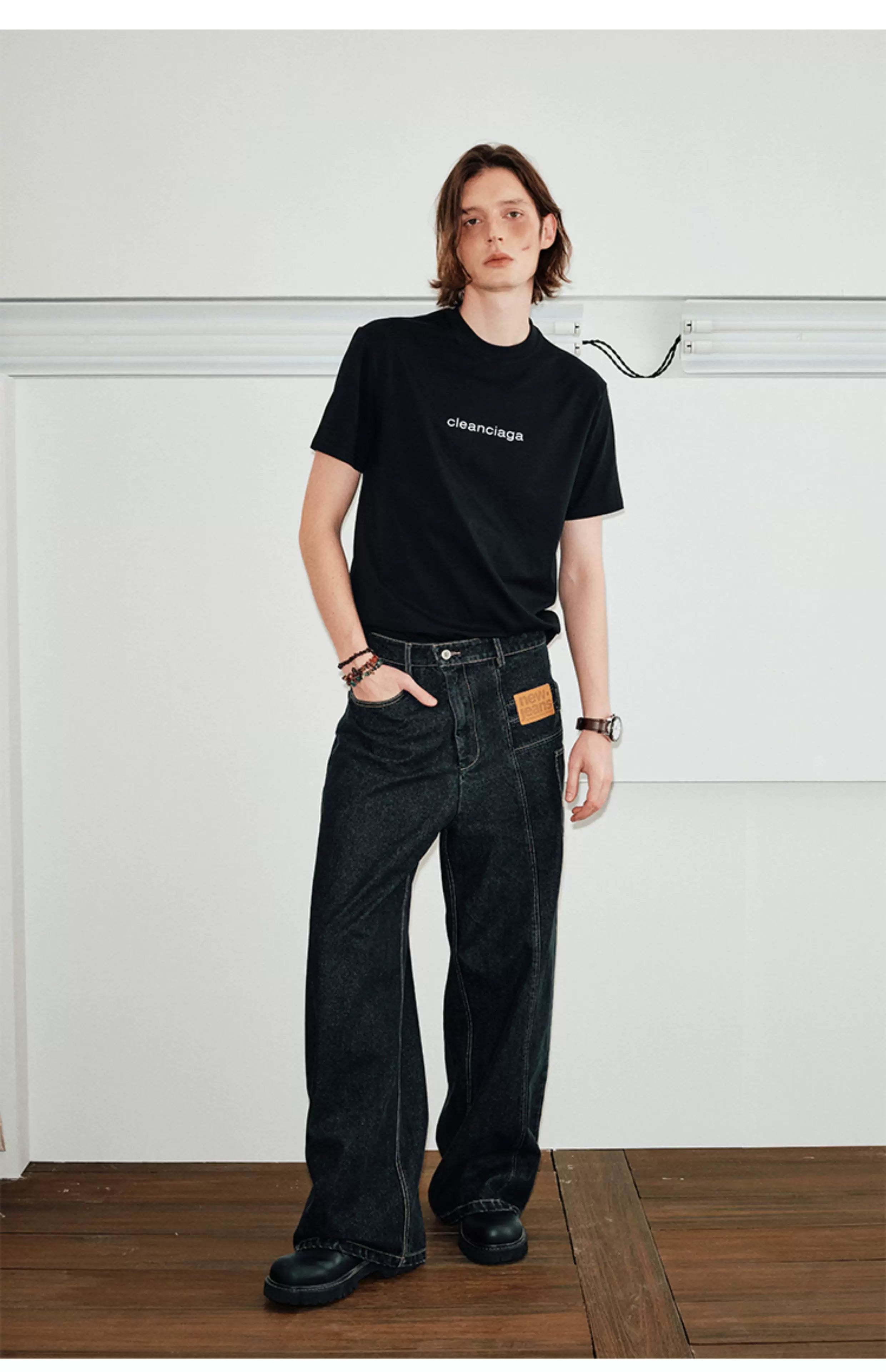 Men's Color-block Loose Raw Denim Jeans