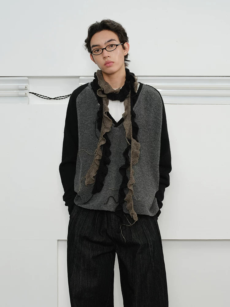 Men's Loose Colorblock V-neck Wool Sweater