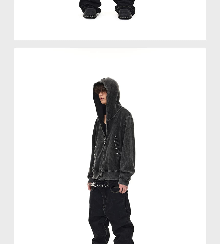 Distressed Waffle Riveted Zip-Up Hoodie