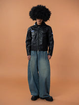 Men's Black Badged Hooded PU Jacket