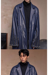 Navy Oversized Multi-Zipper Punk Leather Coat