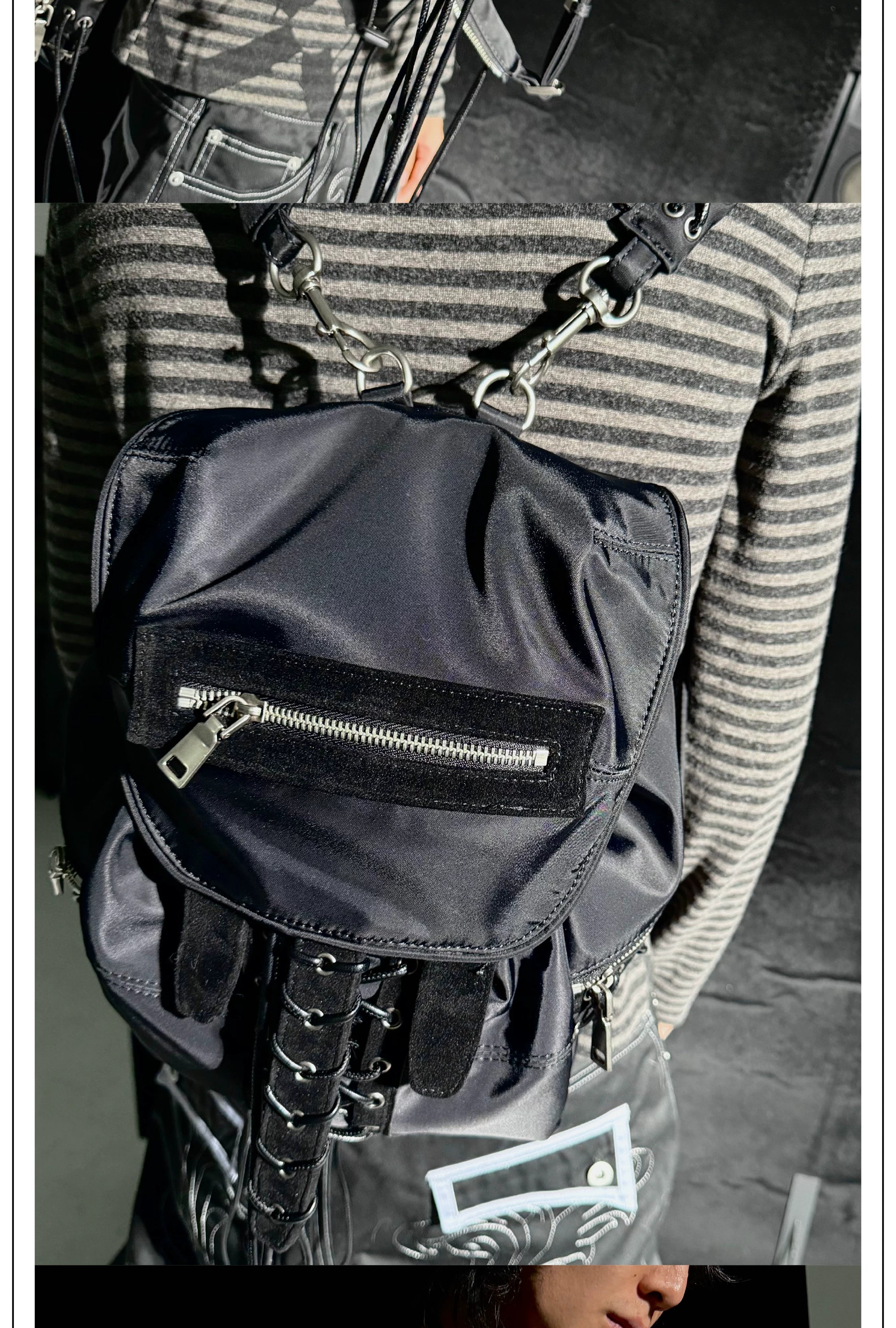 Black Nylon Adjustable Bucket Backpack