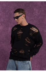 Black White Ripped Cutout Knit Sweater