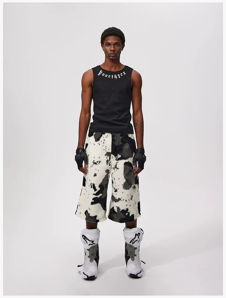 Cropped Cow Print Faux Fur Shorts