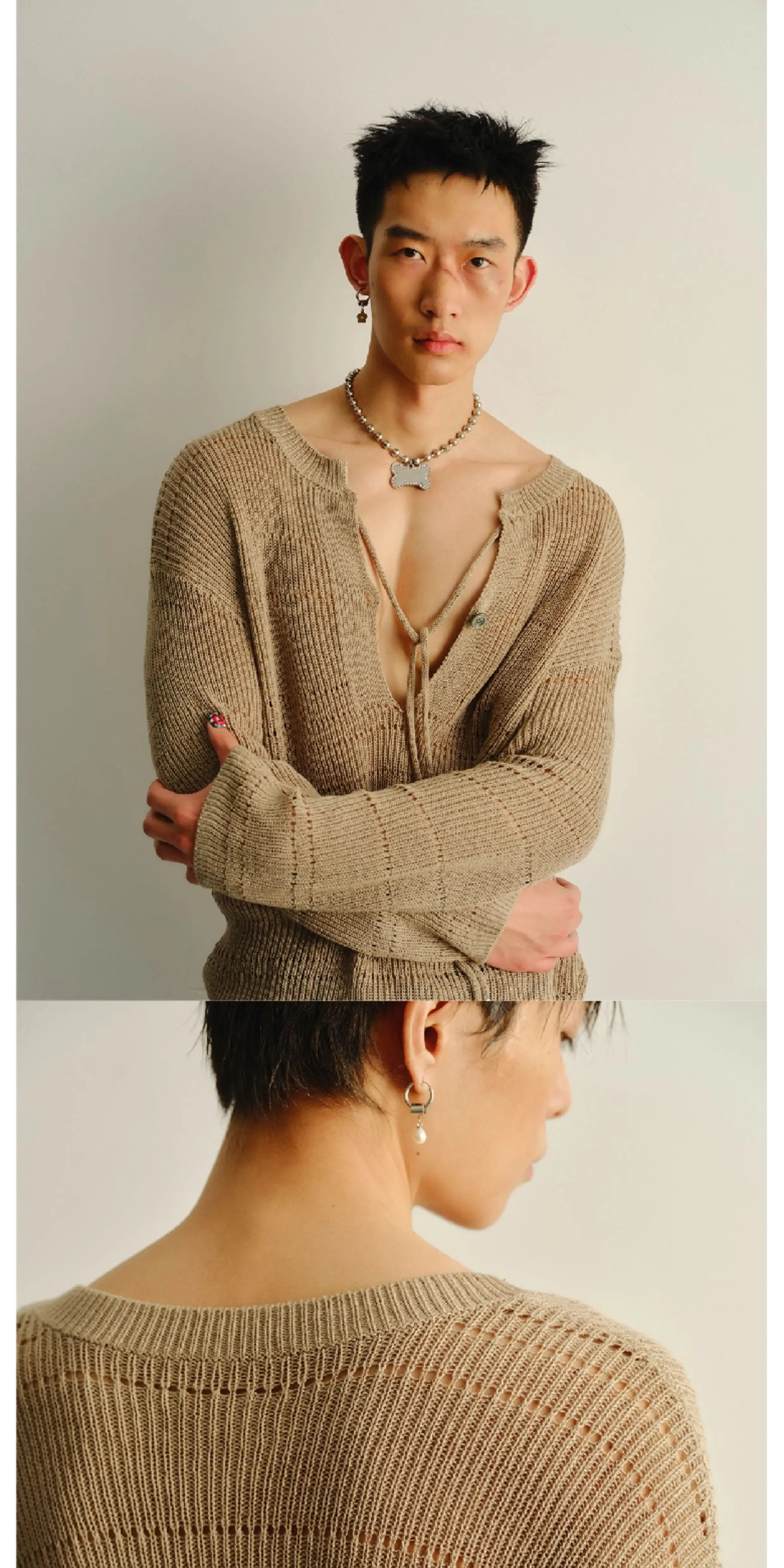 Deep V Cutout Lace-up Knit Top