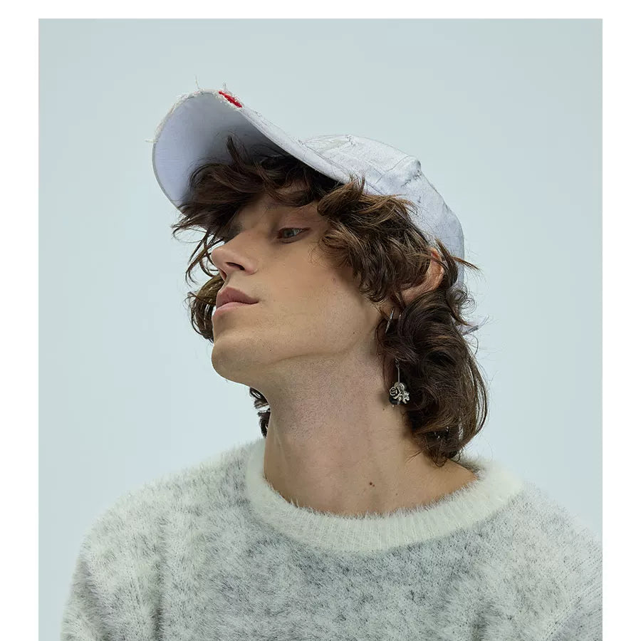White Distressed Printed Long Brim Cap