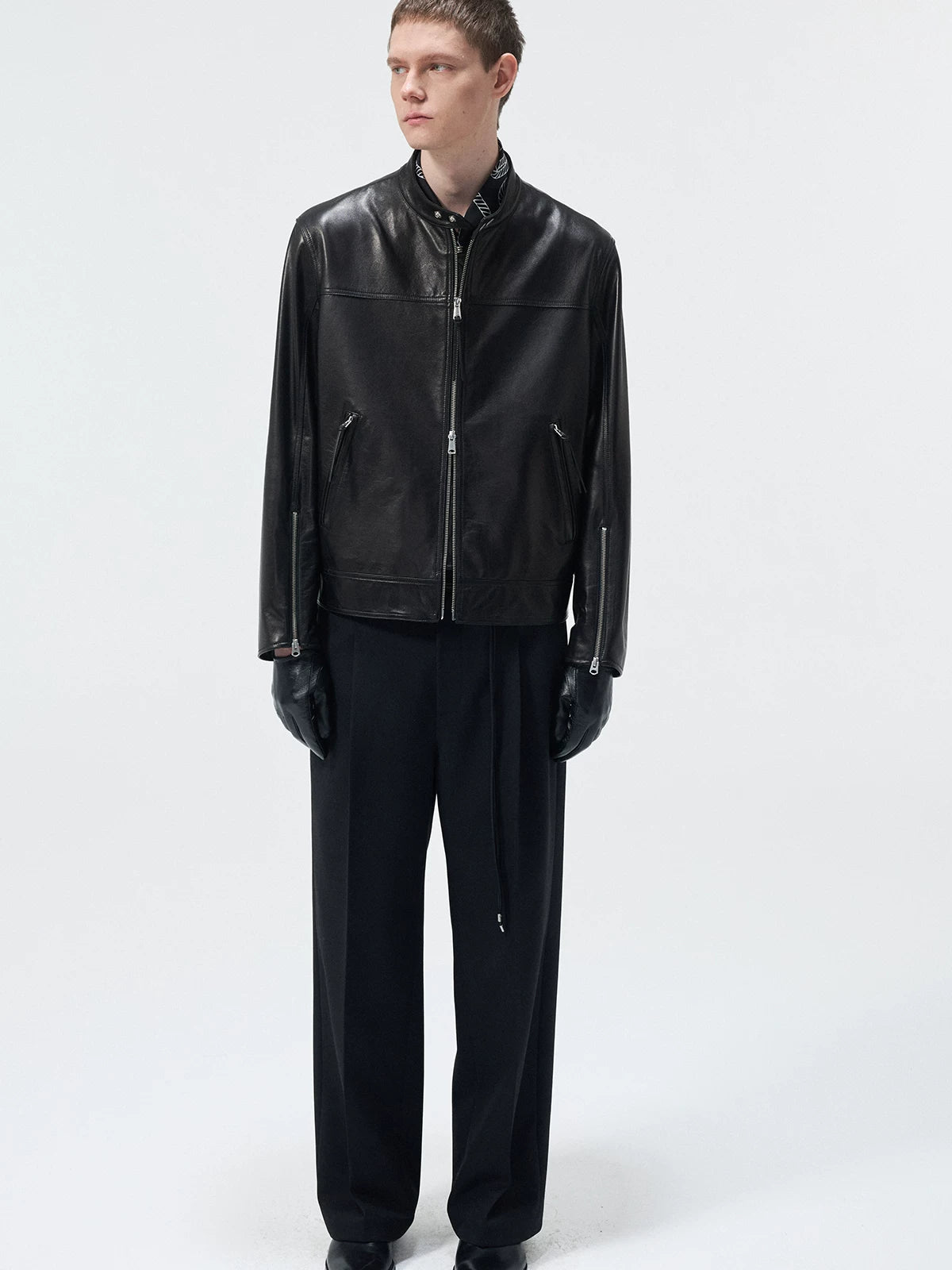 Short Stand Collar Cowhide Leather Jacket