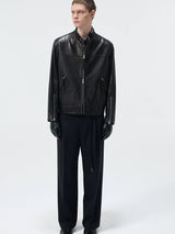 Short Stand Collar Cowhide Leather Jacket
