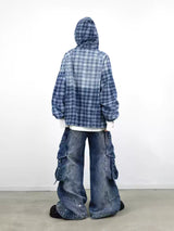 Gradient-Washed Plaid Stud Print Denim Hoodie