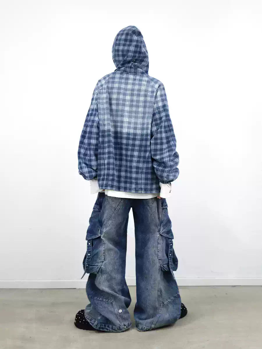 Gradient-Washed Plaid Stud Print Denim Hoodie